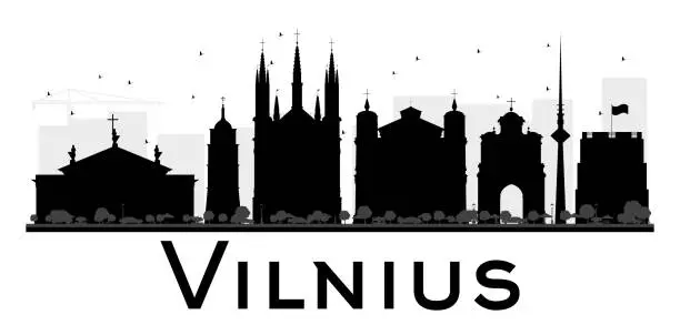 Vector illustration of Vilnius City skyline black and white silhouette.