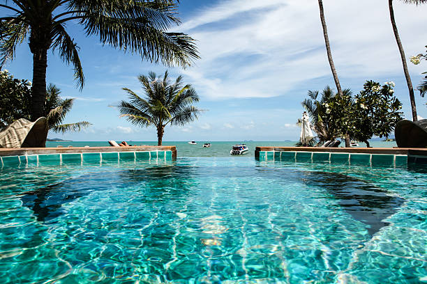istock Infinity swimming pool at the beach 518813973