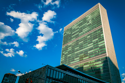 United Nations headquarters (UN building ) during a cloudy day in Midtown Manhattan,  New York city, USA