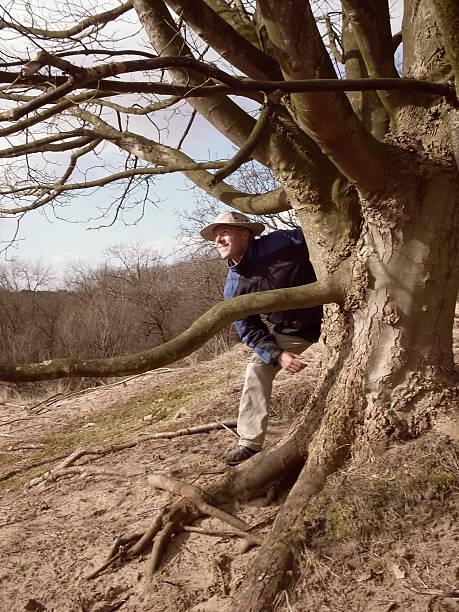 istock man behind a tree in the dune area in Holland 518816321