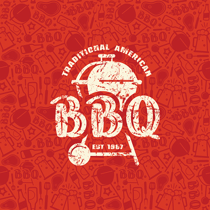 Barbecue seamless pattern and emblem with shabby texture. White print on color pattern background