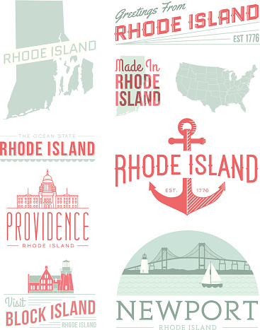 A set of vintage-style icons and typography representing the state of Rhode Island, including Providence, Newport and Block Island. Each items is on a separate layer. Includes a layered Photoshop document. Ideal for both print and web elements.