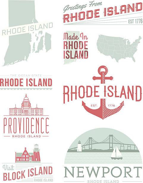 Rhode Island Typography A set of vintage-style icons and typography representing the state of Rhode Island, including Providence, Newport and Block Island. Each items is on a separate layer. Includes a layered Photoshop document. Ideal for both print and web elements. rhode island stock illustrations