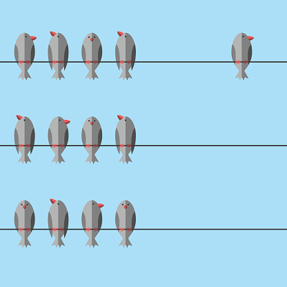 Group of birds perching on wire together and an independent free unique one apart. Courage, will power, individuality, leadership concept. EPS 8 vector illustration, no transparency