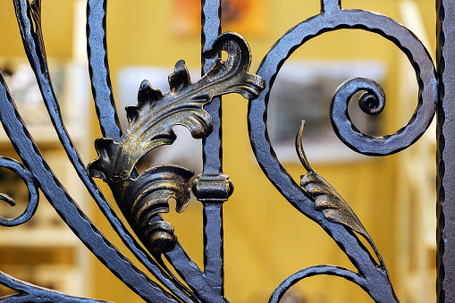 Details, structure and ornaments of wrought iron fence with gate