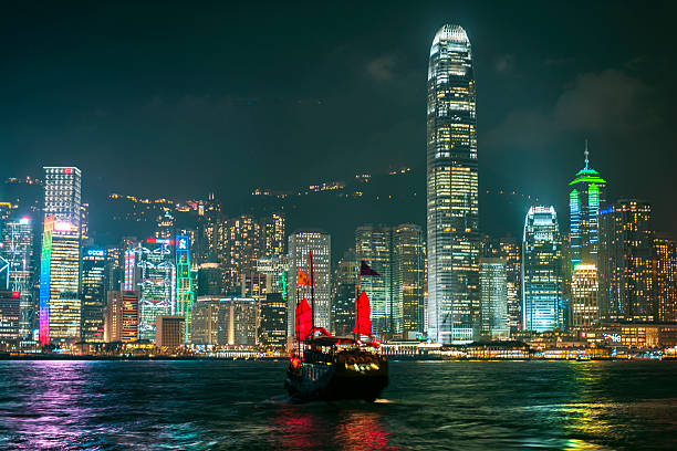 istock Red Sailing Ship and Hong Kong Island, China 518817833