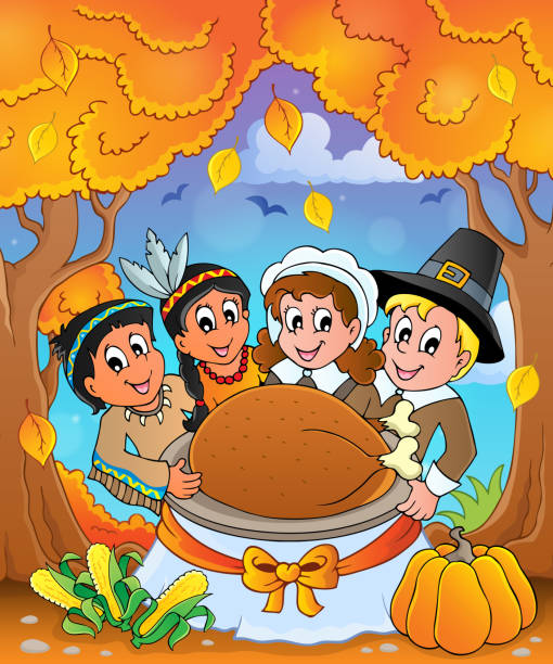 추수감사절 순례자 테마 6 - thanksgiving pilgrim turkey little girls stock illustrations