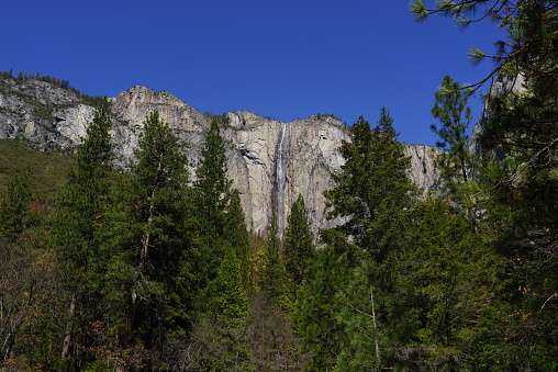 Ribbon Fall in Yosemite National Park in Spring with blue sky