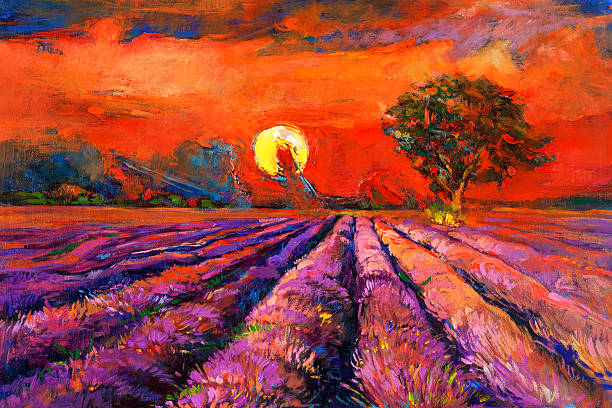 ilustrações, clipart, desenhos animados e ícones de campos de lavanda - multi colored floral pattern acrylic painting purple