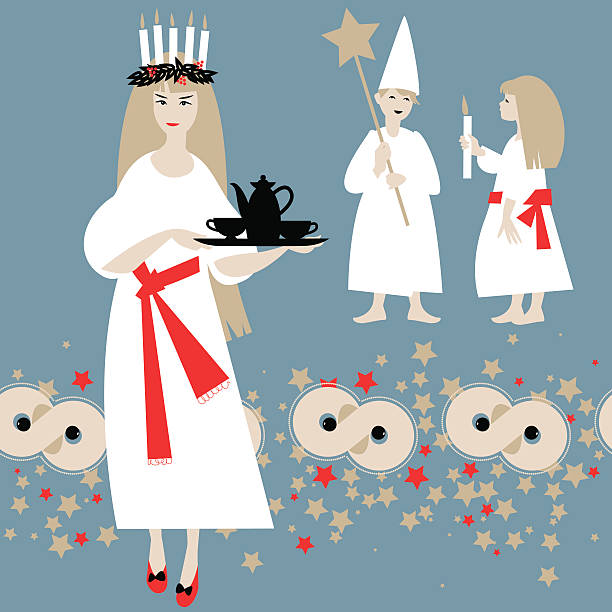 illustrazioni stock, clip art, cartoni animati e icone di tendenza di saint lucia natale tradizione svedese. giorno di santa lucia. etnia scandinava natale. - giorno di santa lucia