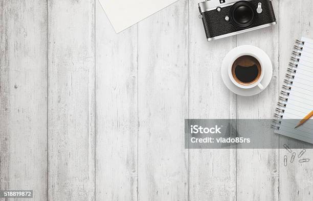 Office Desk With Free Space For Text Camera Cup Stock Photo - Download Image Now - Desk, Heroes, Image