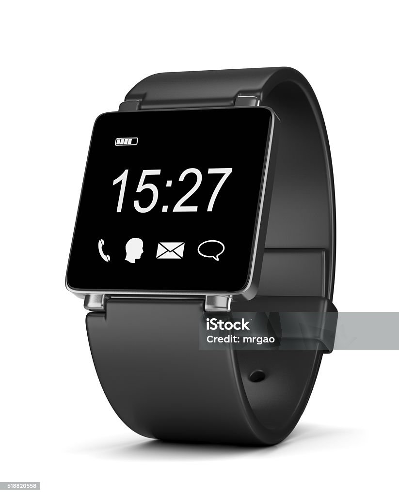Smartwatch Digital Clock on White Black Smartwatch with App Icons, Digital Clock and Battery Level on Display on White Background 3D Illustration Smart Watch Stock Photo
