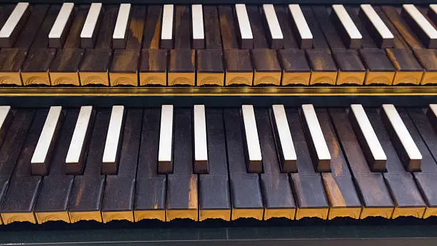 A macro shot of harpsichord keys.