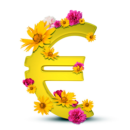 Golden euro sign with flowers isolated on white background. 3D illustration