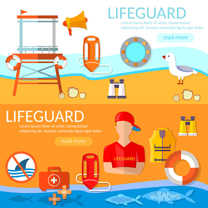 Lifeguards banners professional lifeguard on the beach flat style vector illustration