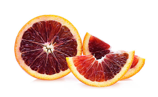 istock Blood red oranges isolated on white background 518832900