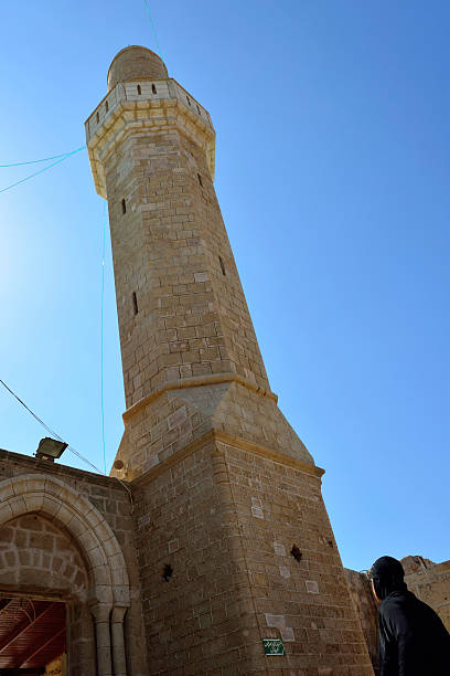 Sidna Ali Mosque minaret at Mediterranean seaside in Israel.