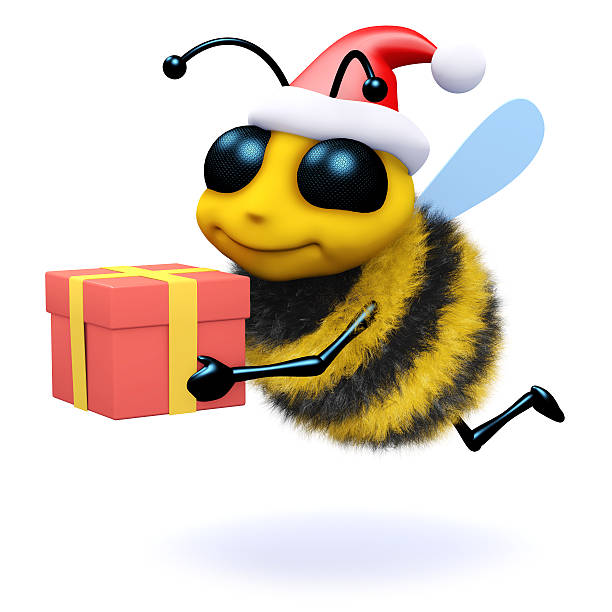 3d render of a bee wearing a Santa Claus hat and holding a Christmas gift