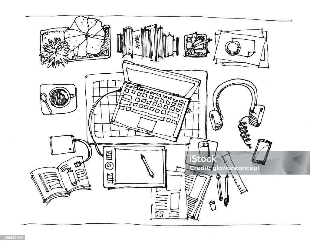 working table top view illustration working table top view doodle sketch illustration Desk stock illustration