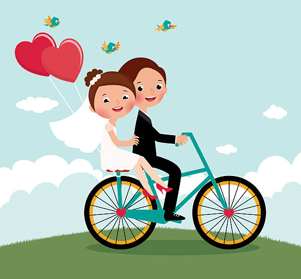 Newlyweds  bike Newlyweds on a bike ride on a honeymoon wedding cartoon stock illustrations