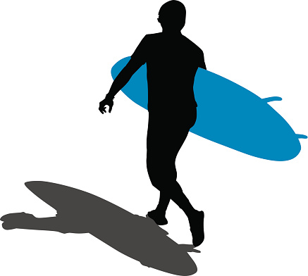 Vector illustration of a silhouette of a surfer carrying a surfboard.