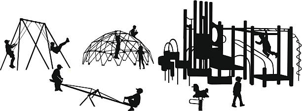 ilustraciones, imágenes clip art, dibujos animados e iconos de stock de playgroundequipment - swing child silhouette swinging