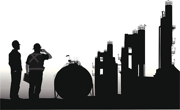StoringOil Engineers overlooking an oil refinery engineer silhouettes stock illustrations