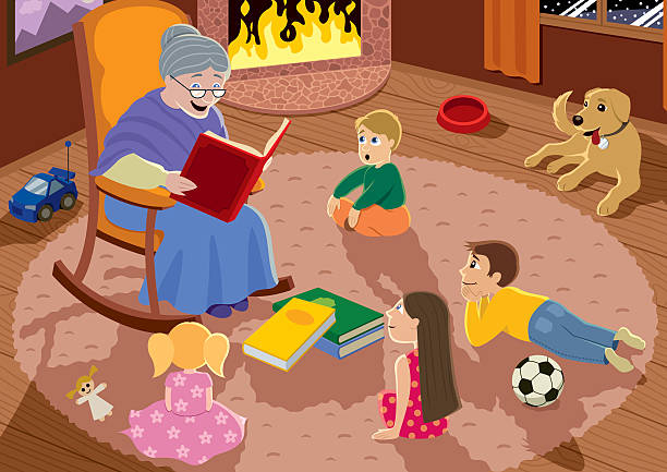 Grandmother Granny is reading fairy tales to her grandchildren. grey hair on floor stock illustrations