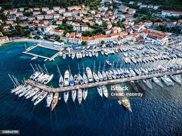 Korcula Town And Marina With Sailboats From Above Stock Photo - Download Image Now - Marina, Croatia, Korcula Island