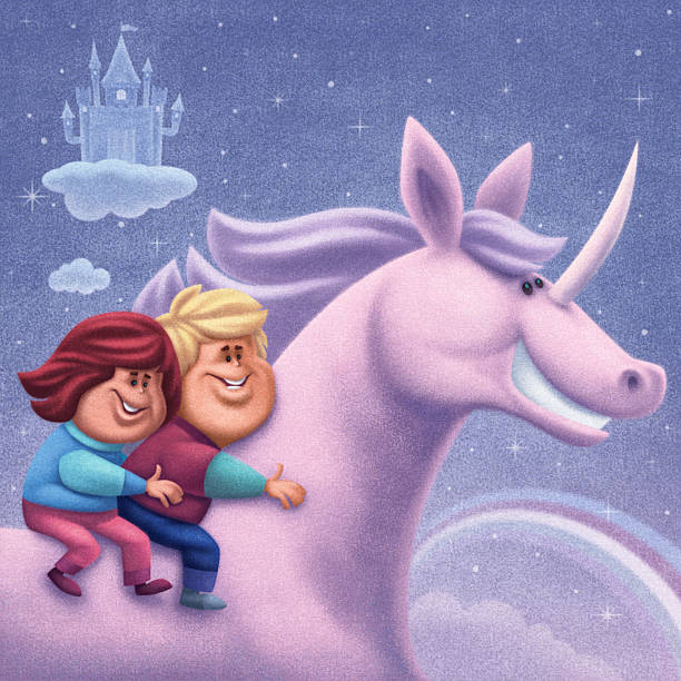 kids with unicorn raster illustration of happy kids riding unicorn… girl levitating stock illustrations
