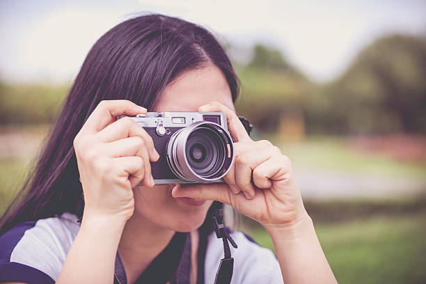 istock Female photographer with professional digital camera. Retro styl 518846502