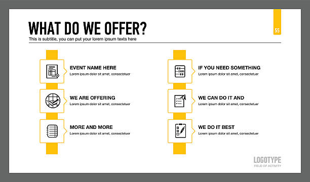 Company Services Presentation Slide Editable presentation slide template representing company services with icons, description and sample text 2 data point infographic stock illustrations