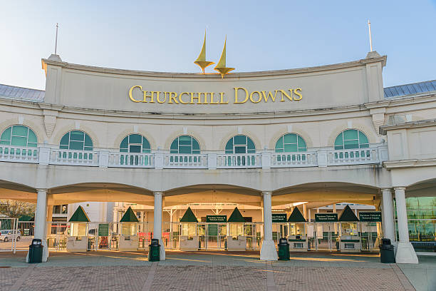 Churchill Downs Entrance - Kentucky Derby Louisville, Kentucky, USA - April 4, 2016. Main Entrance to Churchill Downs where the Kentucky Derby is held annully on the first Saturday in May. kentucky derby stock pictures, royalty-free photos & images