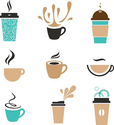 Trendy vector coffee signs. Disposable paper cup, cappuccino, classic espresso, latte takeaway.