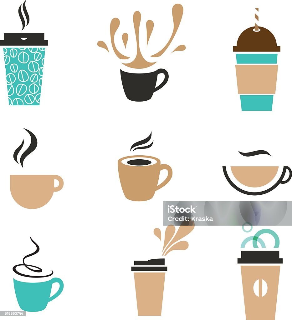 coffee signs Trendy vector coffee signs. Disposable paper cup, cappuccino, classic espresso, latte takeaway. Coffee - Drink stock vector