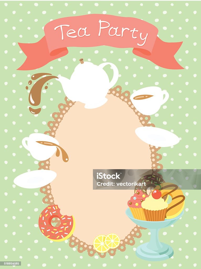 Tea Party Invitation Colorful flat illustration of a tea party invitation card with a kettle, cups, donuts, cupcakes, a ribbon with the inscription and blank space for text.  Cake stock vector