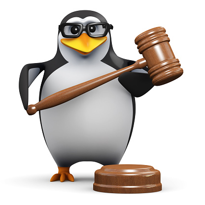 3d render of a penguin holding an auctioneers gavel