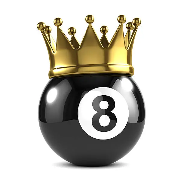 3d render of an eight ball wearing a gold crown