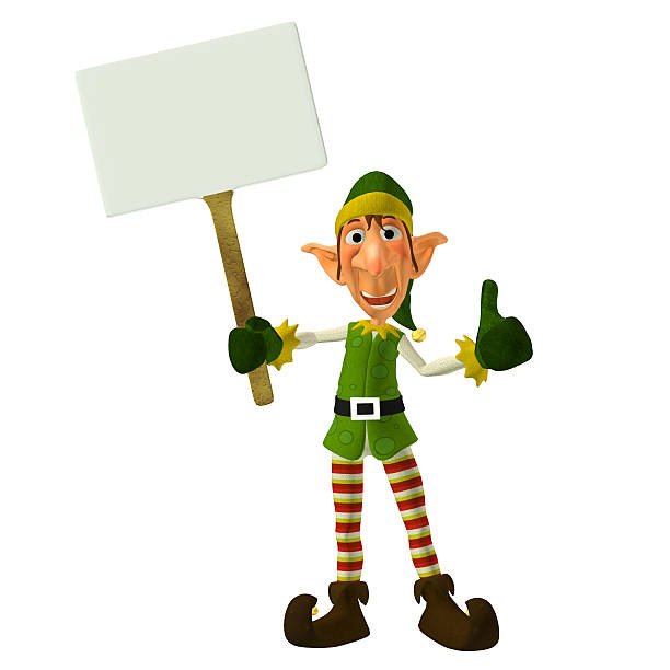 Illustration of a Christmas elf holding a sign stock photo