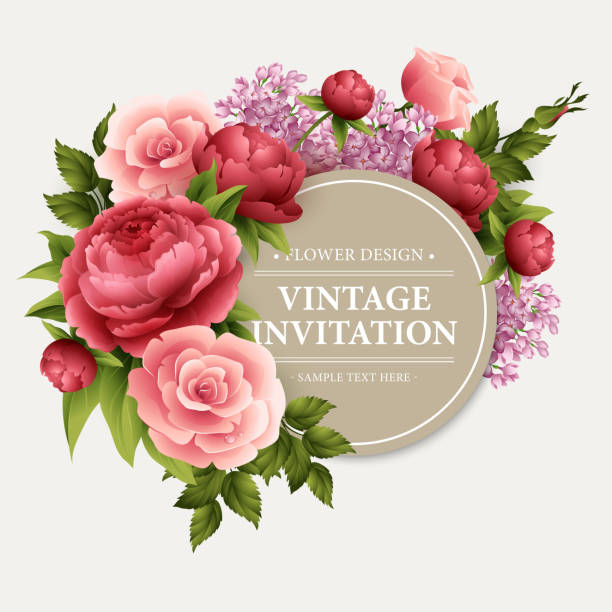 illustrazioni stock, clip art, cartoni animati e icone di tendenza di biglietto d'auguri vintage con fiori in boccio. illustrazione vettoriale - bouquet rose peony rosé