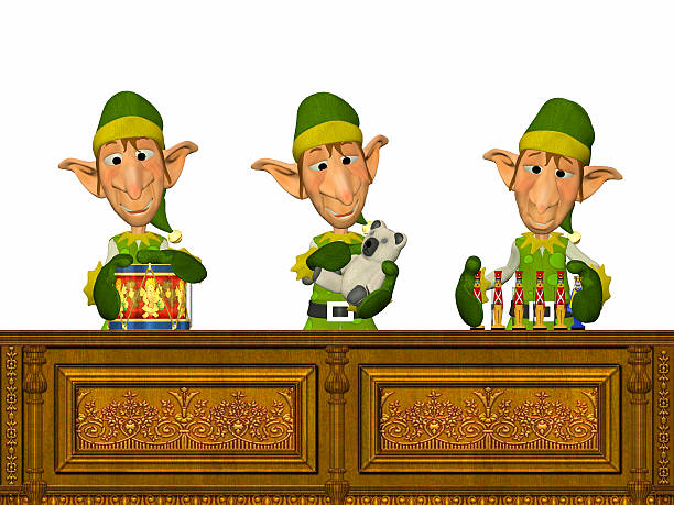 Illustration of three (3) Christmas elves making toys stock photo