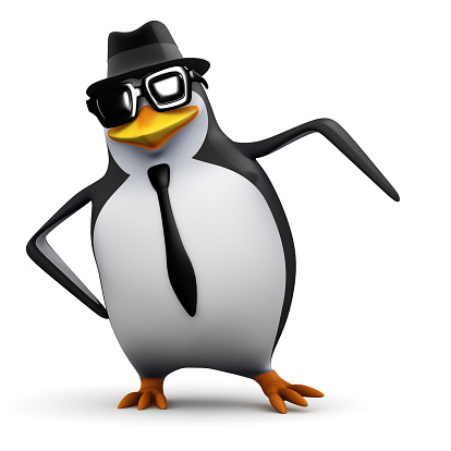 3d render of a penguin in a pork pie hat and sunglasses dancing