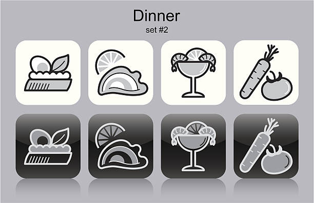 ilustraciones, imágenes clip art, dibujos animados e iconos de stock de iconos de la cena - shrimp cocktail