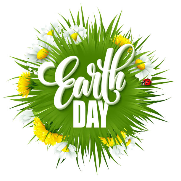 erde tag schriftzug-poster. grüne erde mit gras und blumen - earth day banner placard green stock-grafiken, -clipart, -cartoons und -symbole