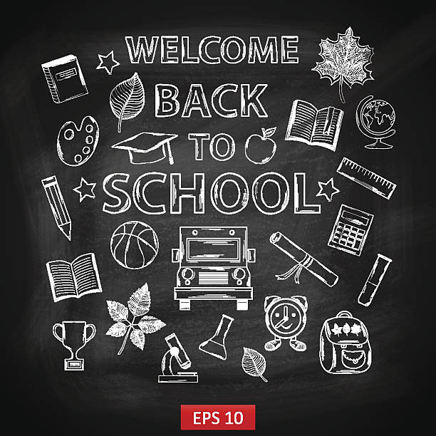 チョークボードへようこそ。学校、テーマ別の要素 - back to school blackboard education apple点のイラスト素材／クリップアート素材／マンガ素材／アイコン素材