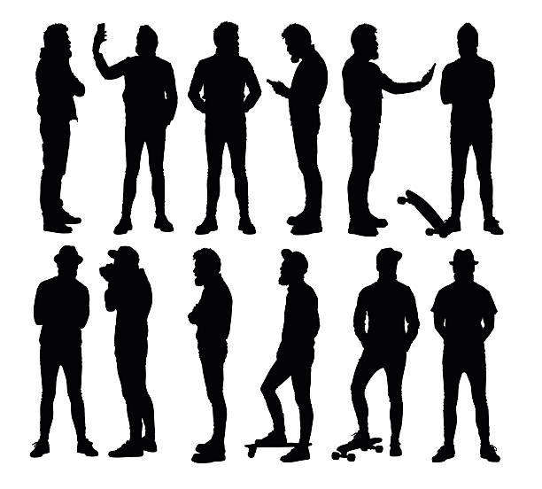 Full body standing hipster silhouettes in different situations. vector art illustration