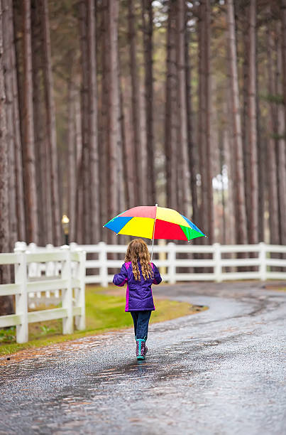 istock Girl Walking With Umbrella in Rain 518860437
