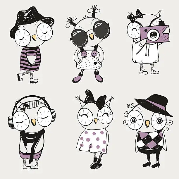 Vector illustration of Six cute Owls