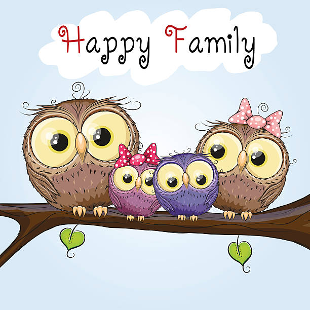 счастливый совы семьи - owl young animal bird mother stock illustrations