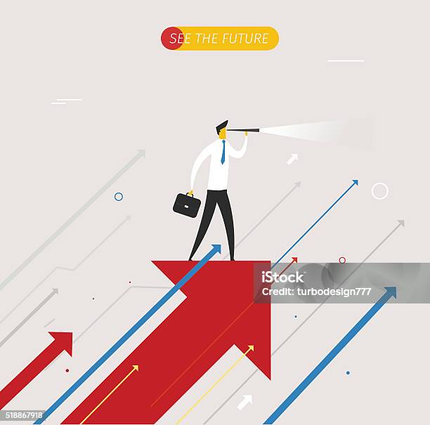 Businessman With Telescope Looking To The Future Stock Illustration - Download Image Now - Looking Through Window, Stock Market and Exchange, New